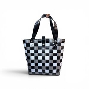 ZZ Black White Gray Woven Plastic Tote Bag Large Shoulder Market Beach Shopper